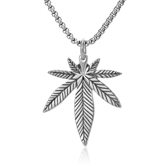 Pendant steel necklace with hemp leaf design - NE310