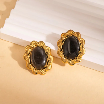 Cercei din otel cu piatra neagra ovala-EA613