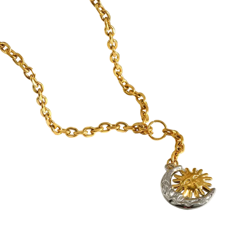 Colier din oțel placat cu aur, lună cu soare-NE039