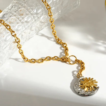 Colier din oțel placat cu aur, lună cu soare-NE039