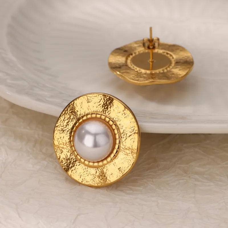 Cercei disc auriu din otel cu perla-EA410