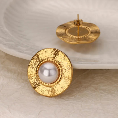 Cercei disc auriu din otel cu perla-EA410