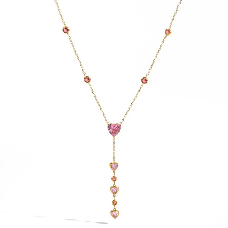 Steel necklace with pink zircon hearts - NE076