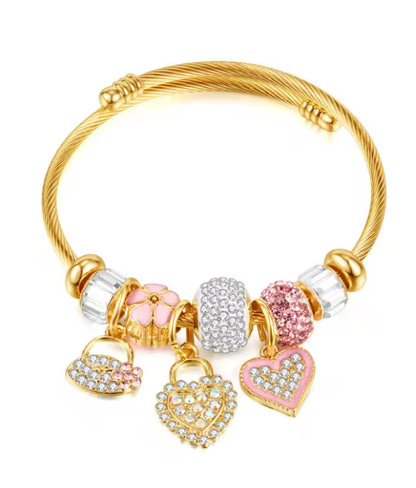 Colier din otel cu brelocuri roz-BR269