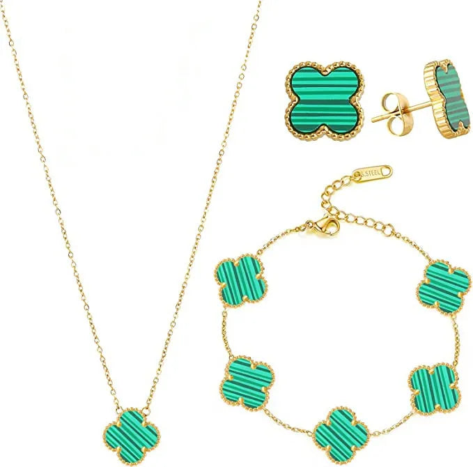 Conjunto em aço com colar, brincos e pulseira verde - SET015