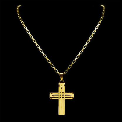 Κολιέ χρυσό ατσάλι φαρδύς σταυρός-NE076