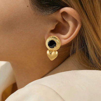 Earrings gilded steel with black stone-ea013