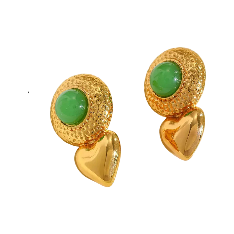 *Σκουλαρίκια επιχρυσωμένο ατσάλι με καρδία και πράσινη πέτρα-EA438