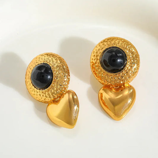 Earrings gilded steel with black stone-ea013