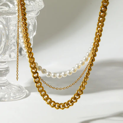 Κολιέ επιχρυσωμένο ατσάλι τριπλή αλυσίδα με πέρλες-NE637