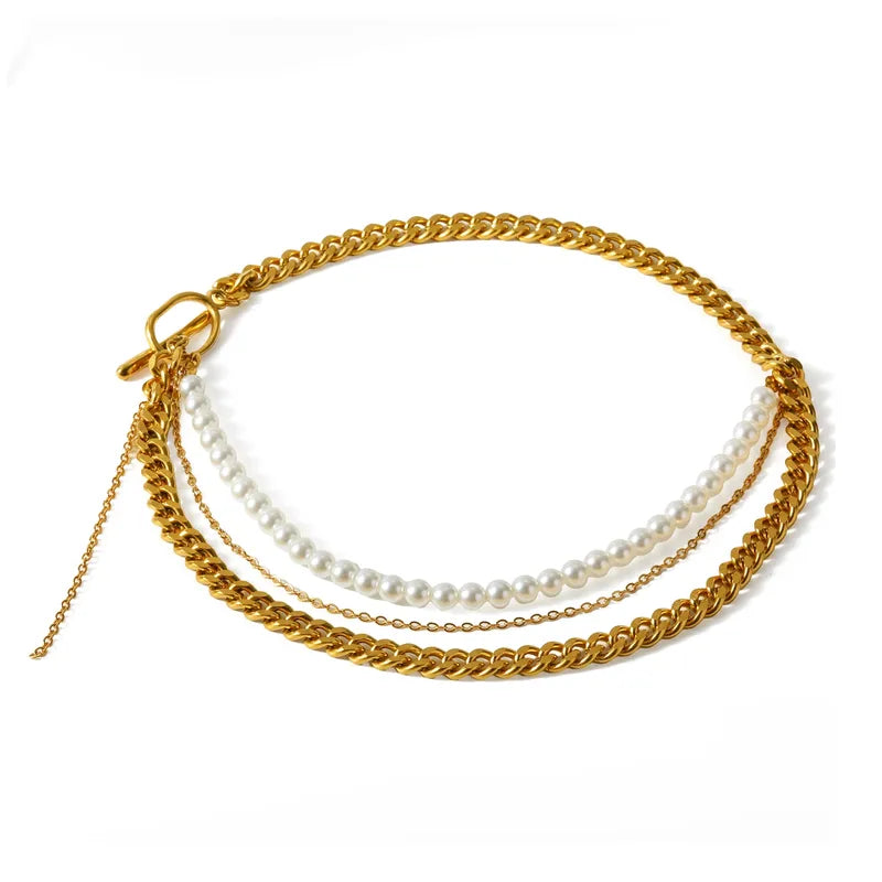 Κολιέ επιχρυσωμένο ατσάλι τριπλή αλυσίδα με πέρλες-NE637