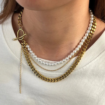 Κολιέ επιχρυσωμένο ατσάλι τριπλή αλυσίδα με πέρλες-NE637