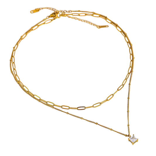 Κολιέ επιχρυσωμένο ατσάλι διπλό με zircon-NE183