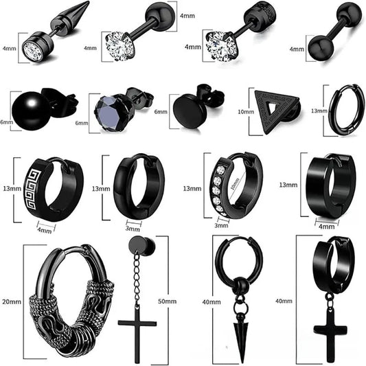 Σετ 17 ζευγάρια σκουλαρίκια μαύρο ατσάλι-SET012