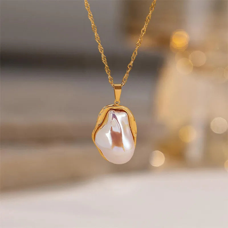 Colier din otel auriu cu perla topita-NE028