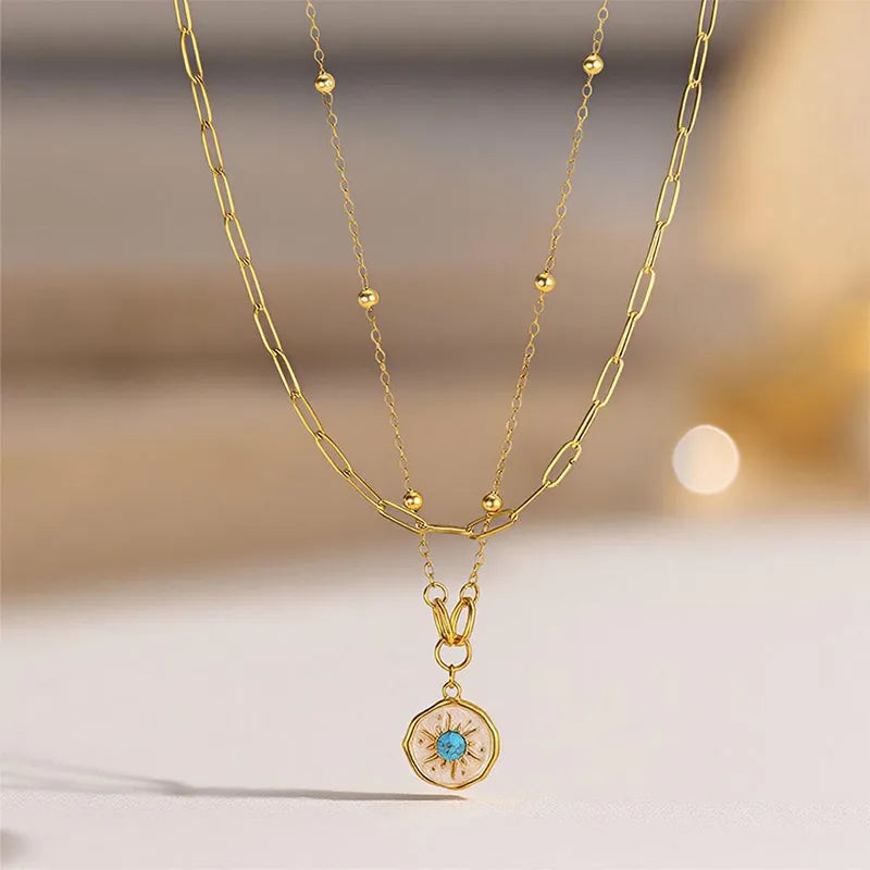 Colier dublu din oțel cu piatră turcoaz-NE209