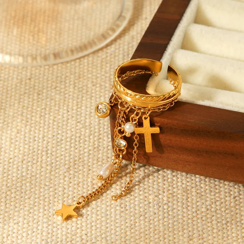 Inel din oțel placat cu aur cu cruce de zircon și lanțuri-R285