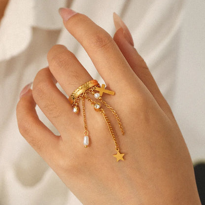 Inel din oțel placat cu aur cu cruce de zircon și lanțuri-R285