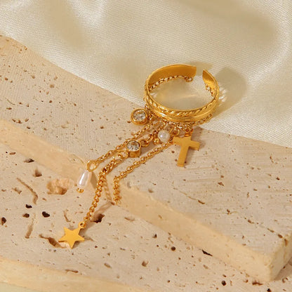 Inel din oțel placat cu aur cu cruce de zircon și lanțuri-R285