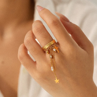 Inel din oțel placat cu aur cu cruce de zircon și lanțuri-R285