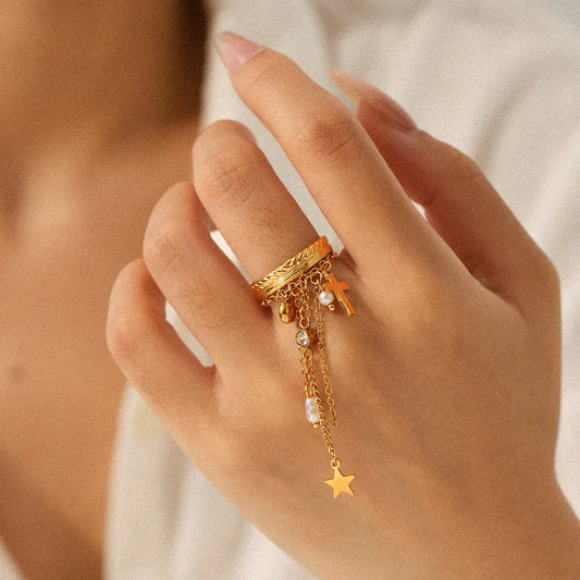 Δαχτυλίδι επιχρυσωμένο ατσάλι με zircon σταυρό και αλυσίδες-R285