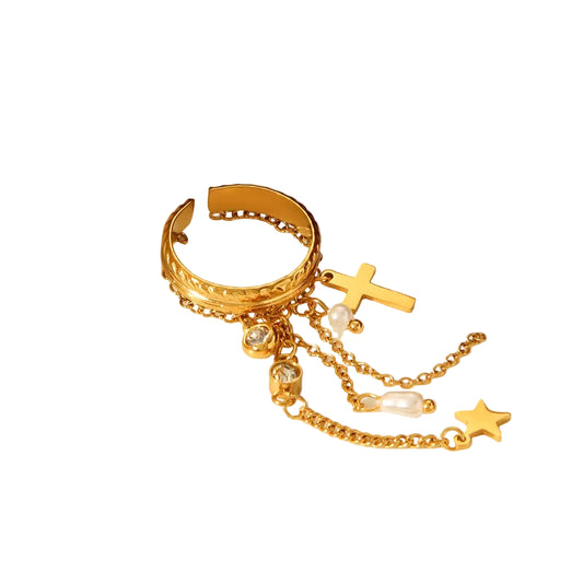 Δαχτυλίδι επιχρυσωμένο ατσάλι με zircon σταυρό και αλυσίδες-R285