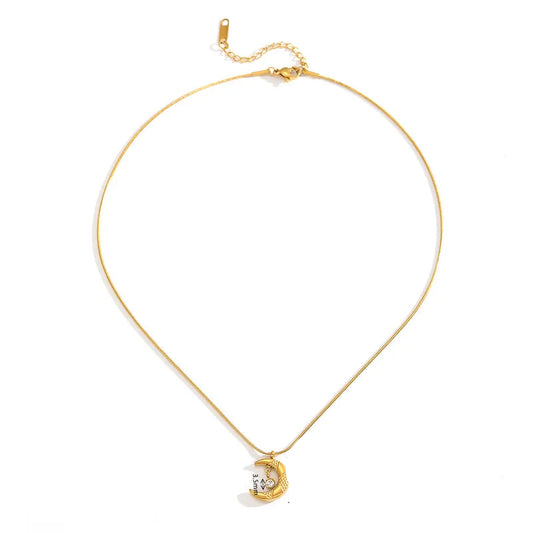 Colier din oțel placat cu aur cu lună și zirconiu-NE114
