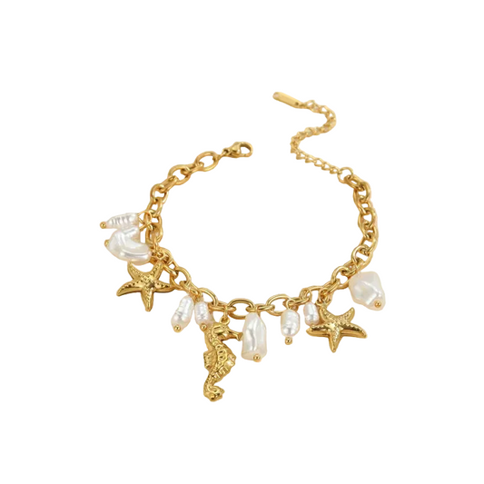 Βραχιόλι ατσάλινο με πέρλες και χρυσά στοιχεία - BR377