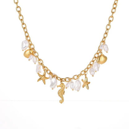 Κολιέ ατσάλινο με πέρλες και χρυσά στοιχεία - NE610