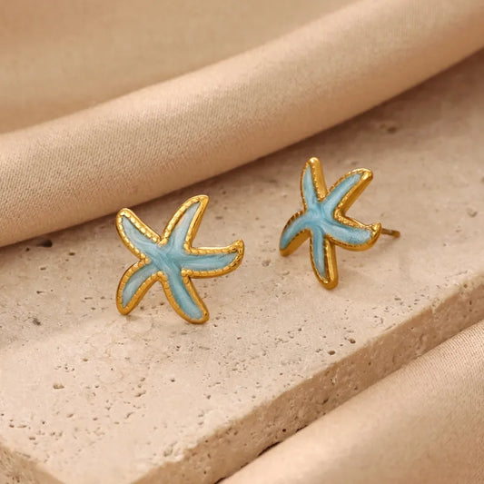Starfish steel earrings with blue stones- EA681