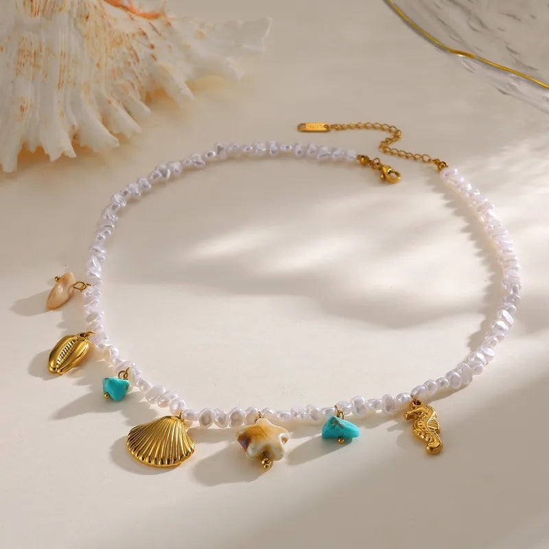 Κολιέ ατσάλινο με πέρλες και charms - NE776