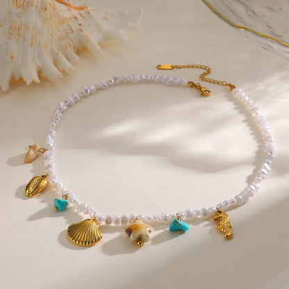 Κολιέ ατσάλινο με πέρλες και charms - NE776