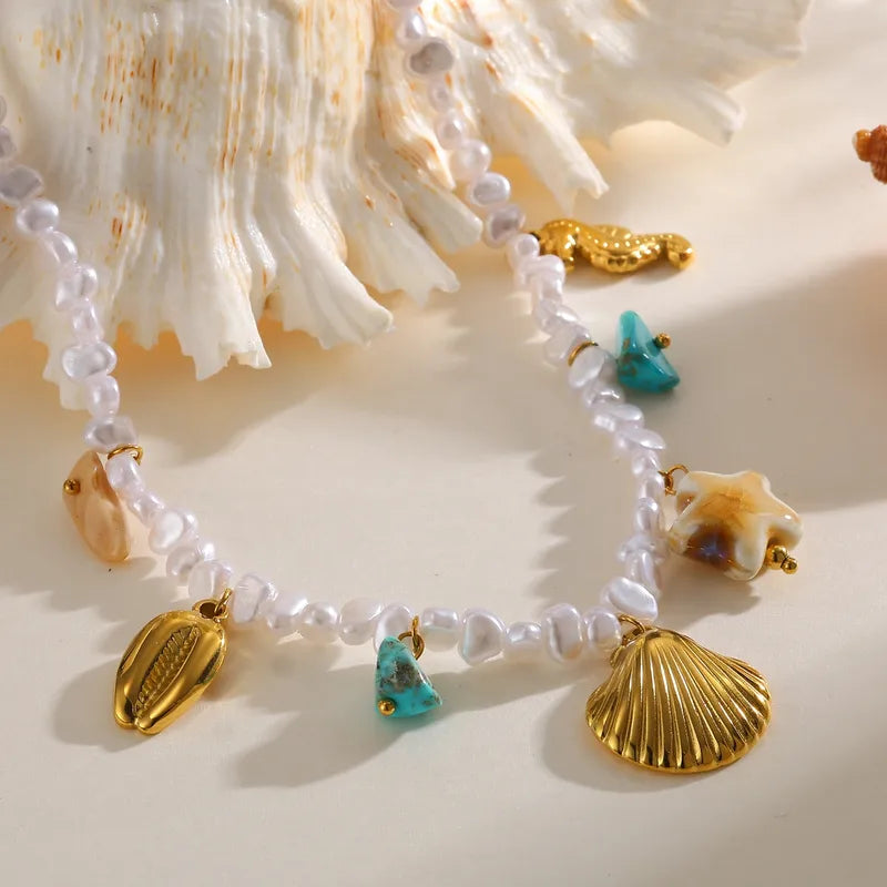 Κολιέ ατσάλινο με πέρλες και charms - NE776