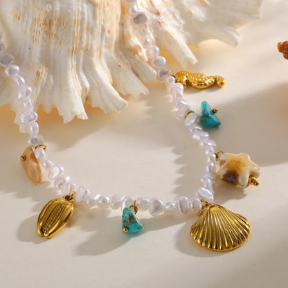 Κολιέ ατσάλινο με πέρλες και charms - NE776