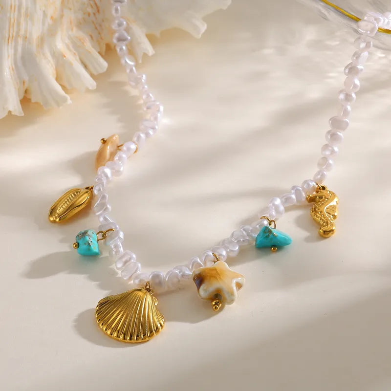 Κολιέ ατσάλινο με πέρλες και charms - NE776