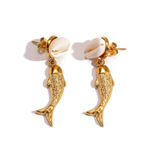 Σκουλαρίκια ατσάλινα ψάρια με κοχύλια- EA728