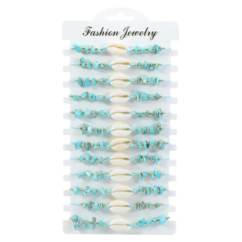 Σετ 12αδα βραχιόλια με κοχύλια και μπλε πέτρες - SET083