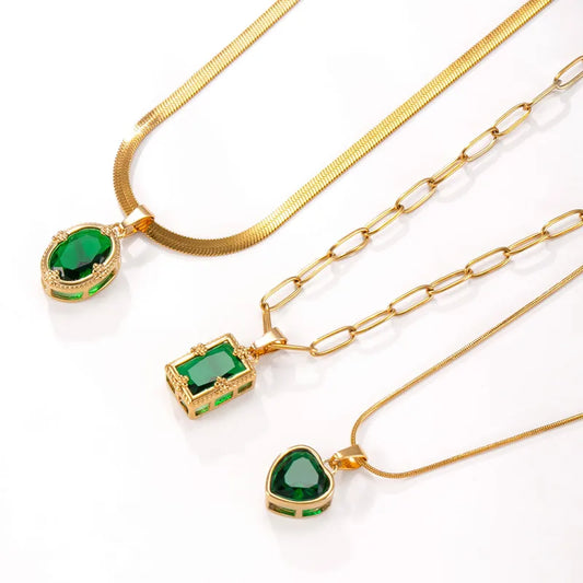 Κολιέ ατσάλι τριπλό με πράσινες πέτρες- NE668