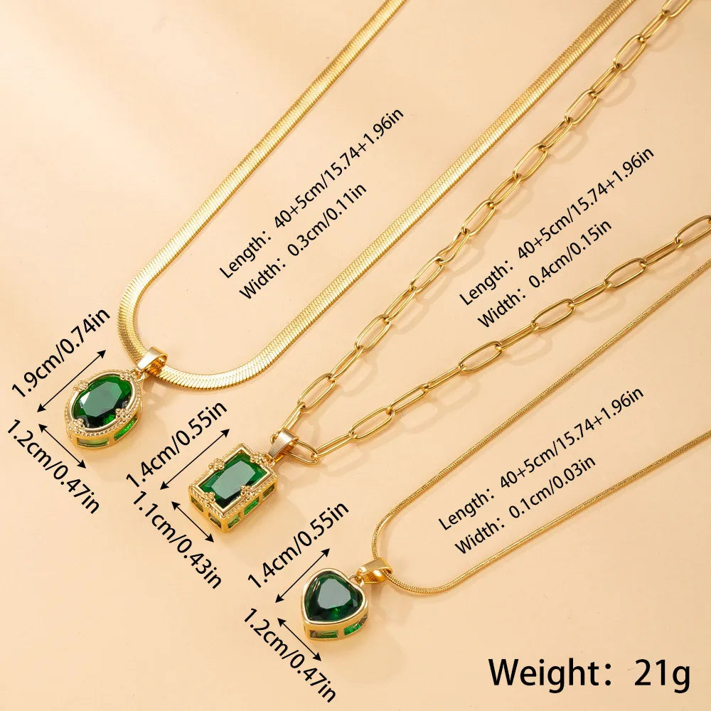 Κολιέ ατσάλι τριπλό με πράσινες πέτρες- NE668