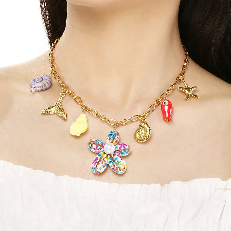 Κολιέ επιχρυσωμένο ατσάλι με καλοκαιρινά charms - NE648