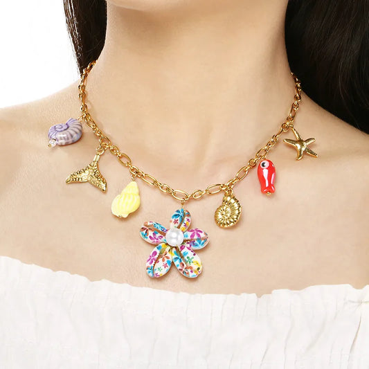 Κολιέ επιχρυσωμένο ατσάλι με καλοκαιρινά charms - NE648