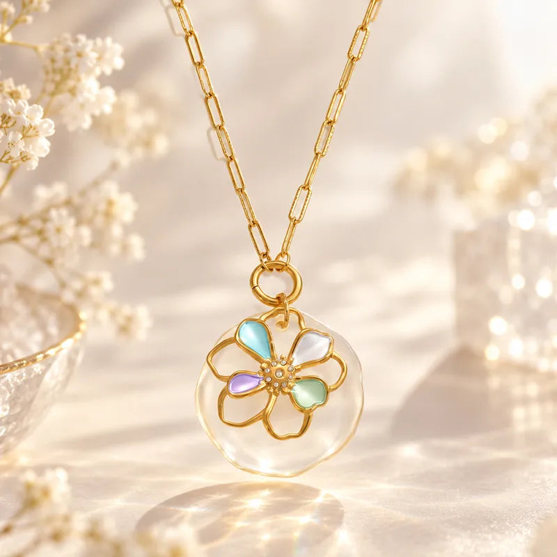 Steel necklace with chain and flower- NE795