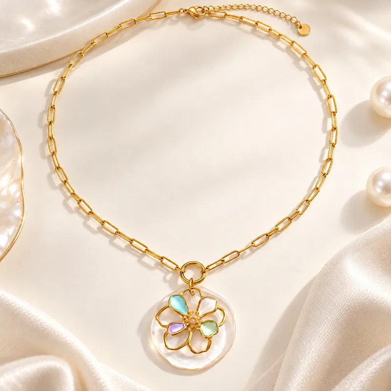 Steel necklace with chain and flower- NE795