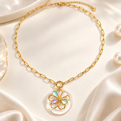 Steel necklace with chain and flower- NE795