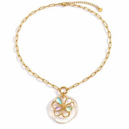 Steel necklace with chain and flower- NE795