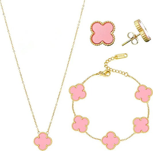 Conjunto de acero con collar, pendientes y pulsera rosa - SET052