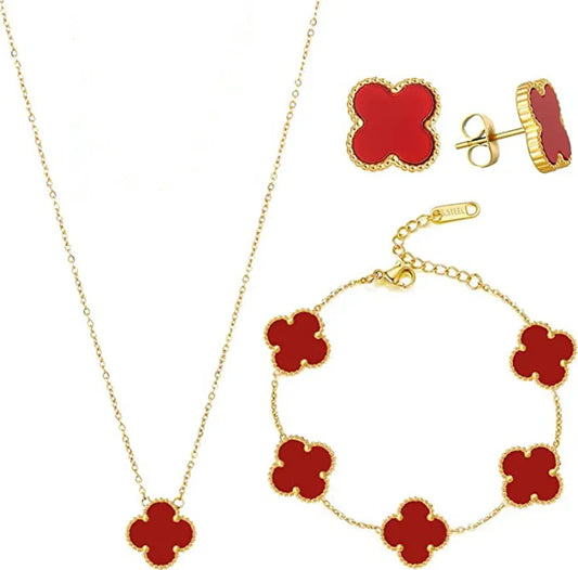 Conjunto de acero con collar, pendientes y pulsera rojo - SET051