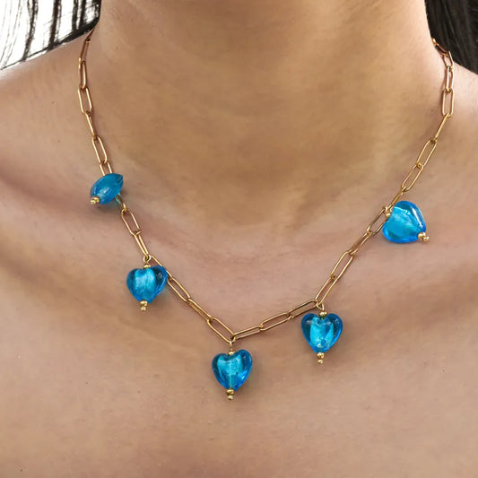 Halskette mit blauen Perlen und Seestern aus Stahl - NE449