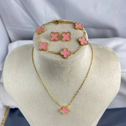 Conjunto de acero con collar, pendientes y pulsera rosa - SET052