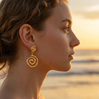 Серьги со спиральными подвесками из стали и золота - EA501